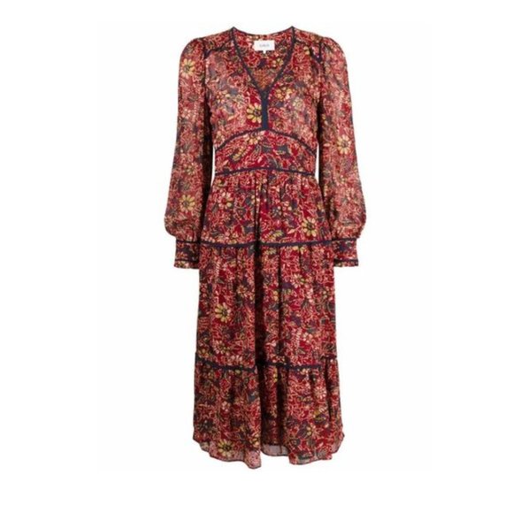 BA&SH Gigi Midi Dress Tiered All-over Floral Print Burgundy V-neck Long Sleeve - Picture 2 of 11